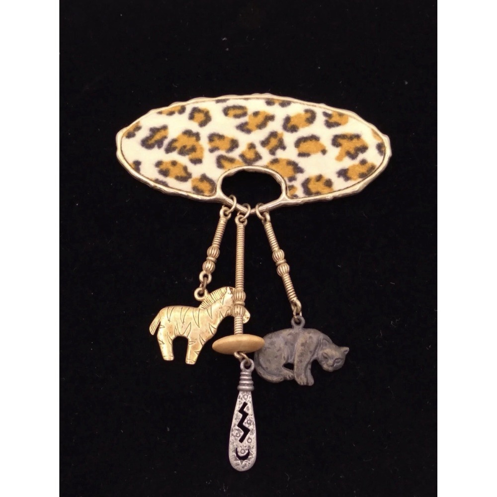 VTG JJ Leopard Animal Print velvety Fabric Dangle tribal zebra cat Brooch 4.5"